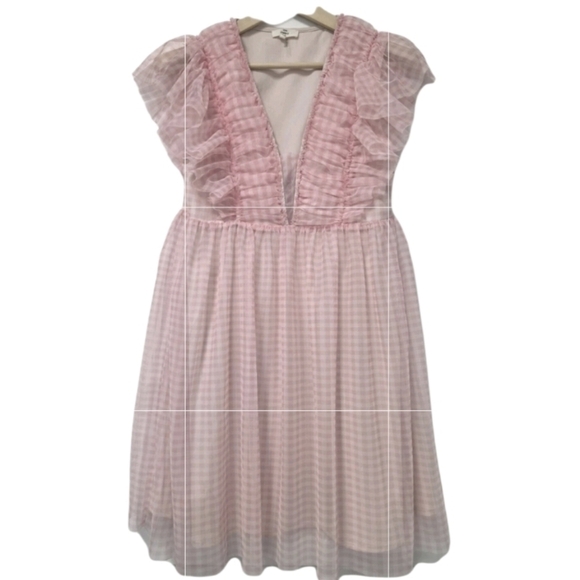 Peasant Dress Large Blue Pink Gingham Ruffled Dress Size Medium Sheer Romantic - Picture 2 of 10
